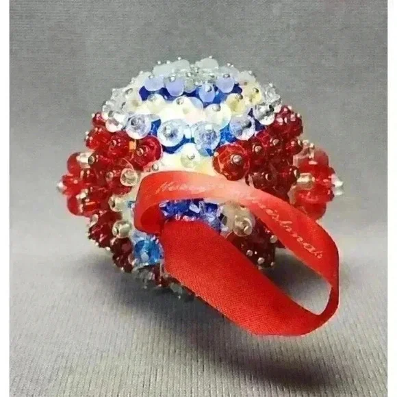 Patriotic America Push Pin Christmas Ornament 2.5" Beaded Red White Blue Sequins - Picture 6 of 6